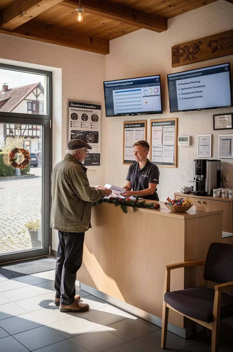 Team in Werkstatt plant Wartungsarbeiten für Firmenfahrzeuge, um Ausfallzeiten zu minimieren und Betriebsabläufe zu sichern.